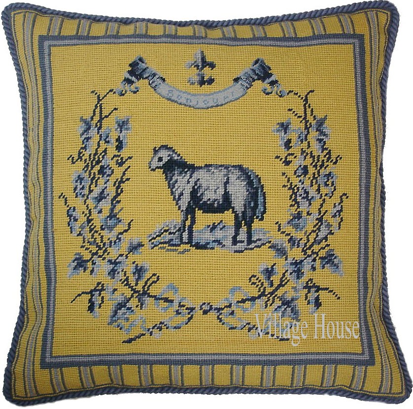 Sheep Needlepoint Pillow in Sunshine Yellow and French Blue - Village House  Pillows